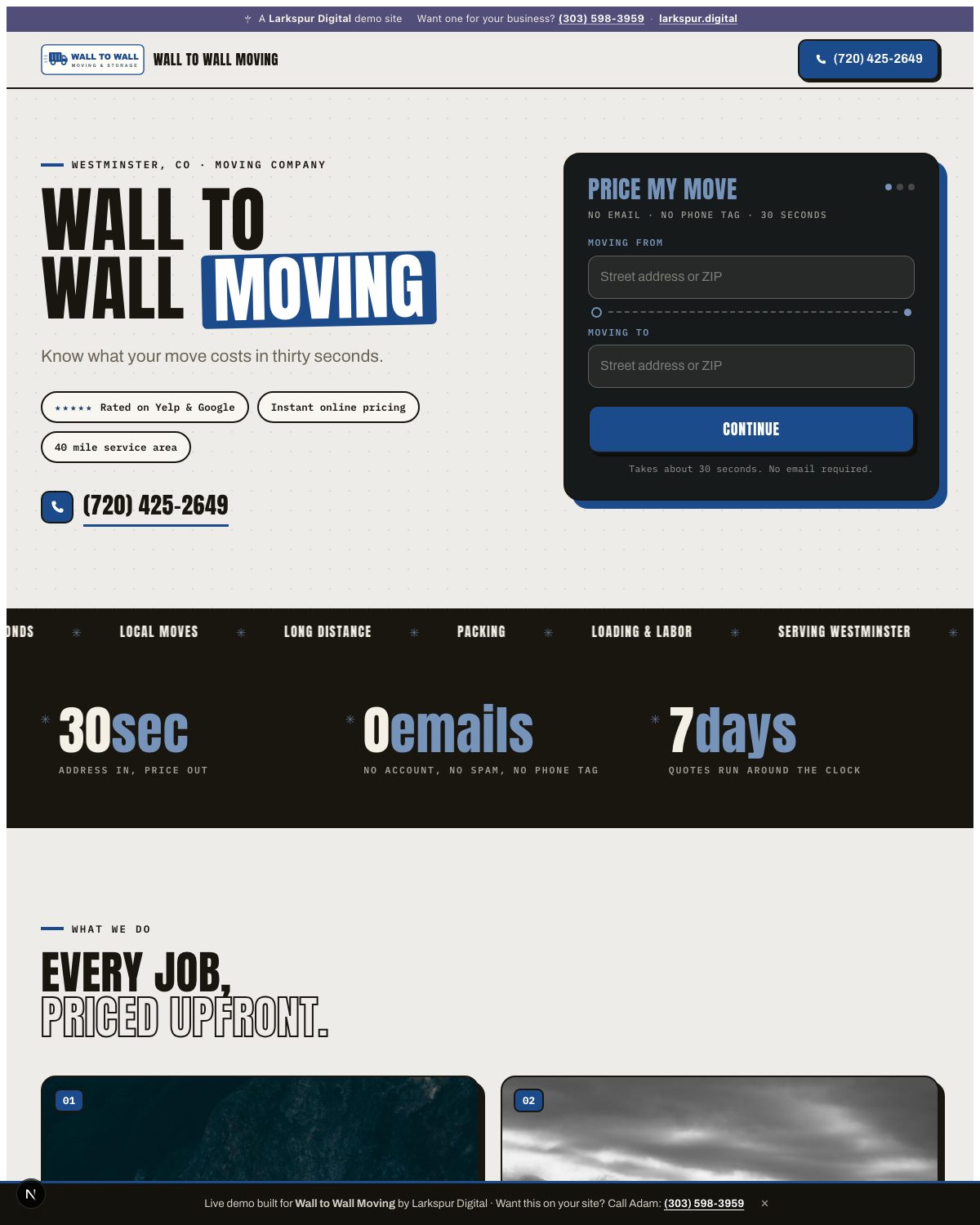 Wall to Wall Moving, a live demo website